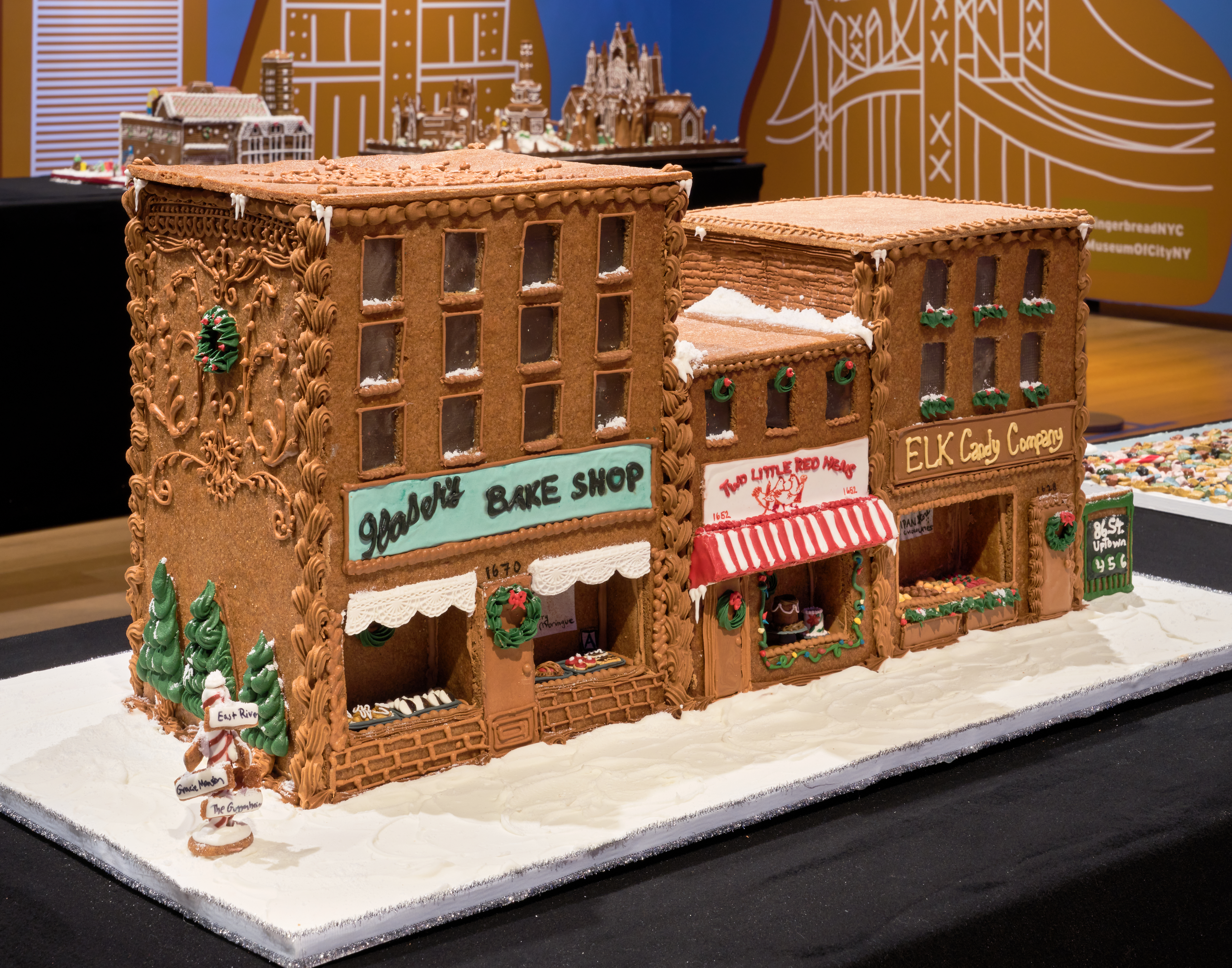 A depiction of Yorkville businesses in gingerbread